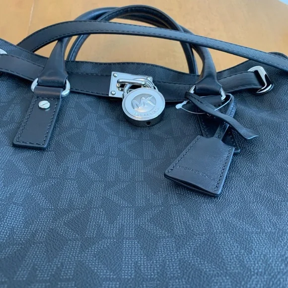 COPY - Michael Kors Large Hamilton MK Logo Tote Bag Purse Black 🖤🖤🖤 Silver Hard… - Picture 8 of 16